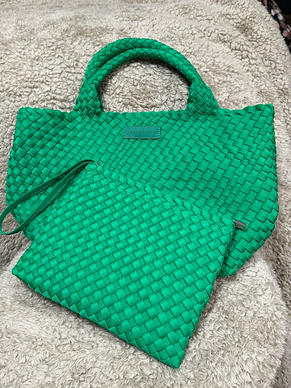 Parker & Hyde Classic Woven Tote with matching makeup bag- Green